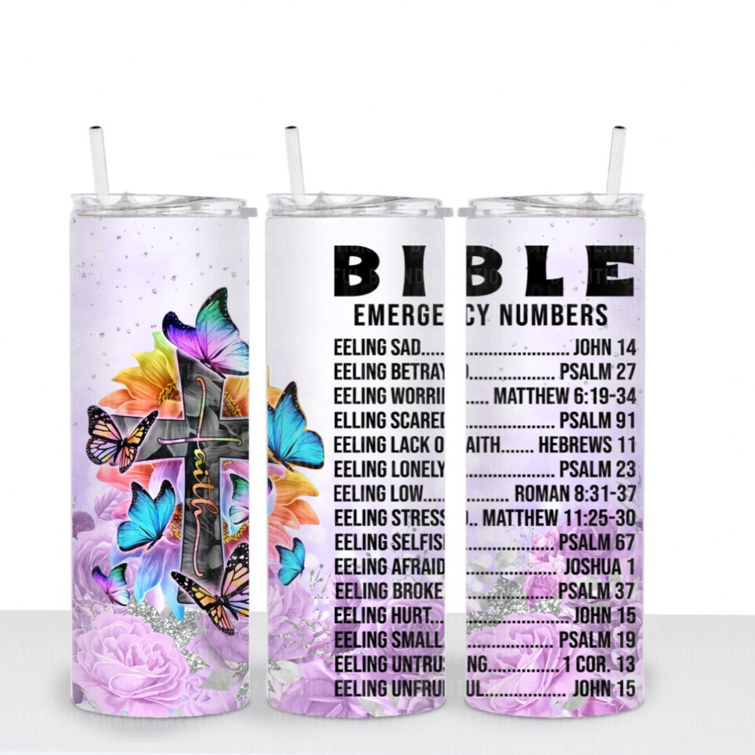 PURPLE BUTTERFLIES BIBLE EMERGENCY NUMBERS TUMBLER | Beautiful Brand Kreations™