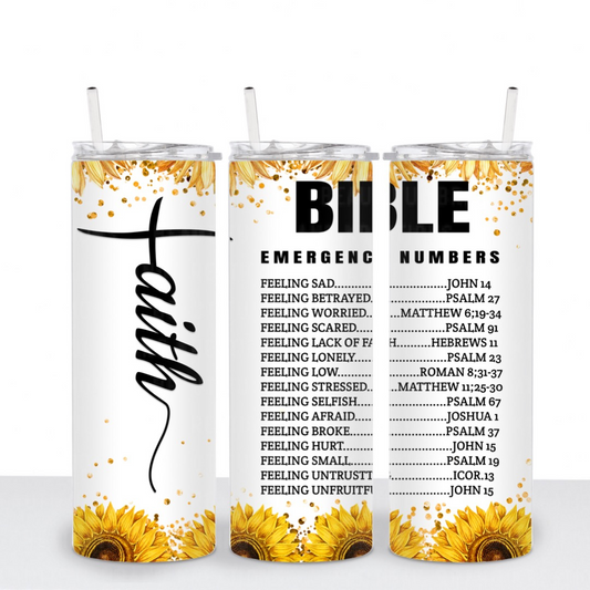 SUNFLOWER FAITH EMERGENCY BIBLE SCRIPTURES TUMBLER | Beautiful Brand Kreations™